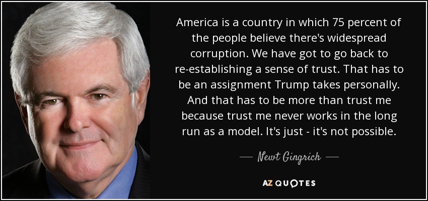 America is a country in which 75 percent of the people believe there's widespread corruption. We have got to go back to re-establishing a sense of trust. That has to be an assignment Trump takes personally. And that has to be more than trust me because trust me never works in the long run as a model. It's just - it's not possible. - Newt Gingrich