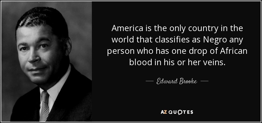America is the only country in the world that classifies as Negro any person who has one drop of African blood in his or her veins. - Edward Brooke