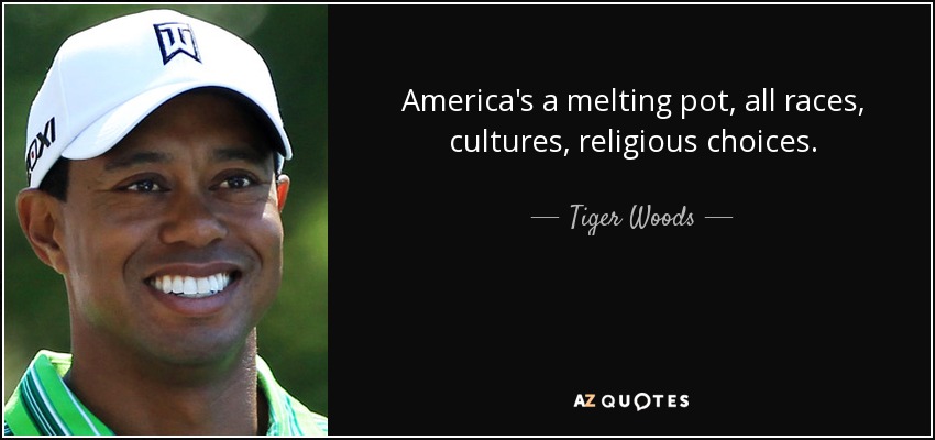 America's a melting pot, all races, cultures, religious choices. - Tiger Woods