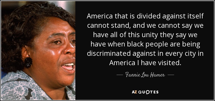 America that is divided against itself cannot stand, and we cannot say we have all of this unity they say we have when black people are being discriminated against in every city in America I have visited. - Fannie Lou Hamer