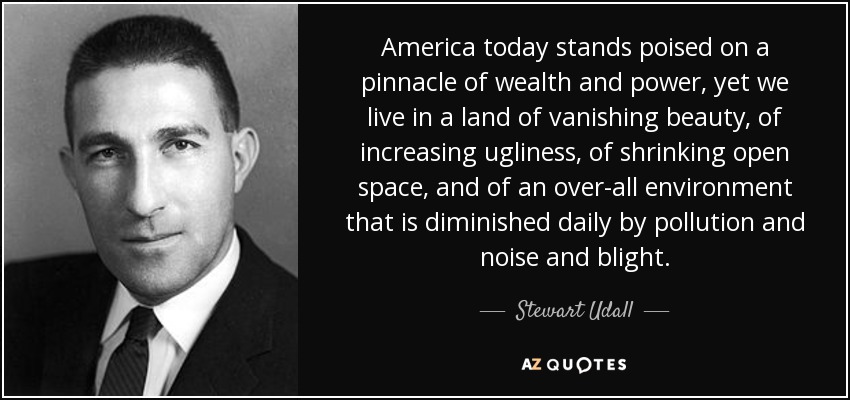 America today stands poised on a pinnacle of wealth and power, yet we live in a land of vanishing beauty, of increasing ugliness, of shrinking open space, and of an over-all environment that is diminished daily by pollution and noise and blight. - Stewart Udall