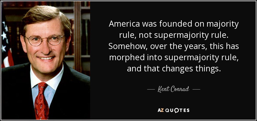 America was founded on majority rule, not supermajority rule. Somehow, over the years, this has morphed into supermajority rule, and that changes things. - Kent Conrad