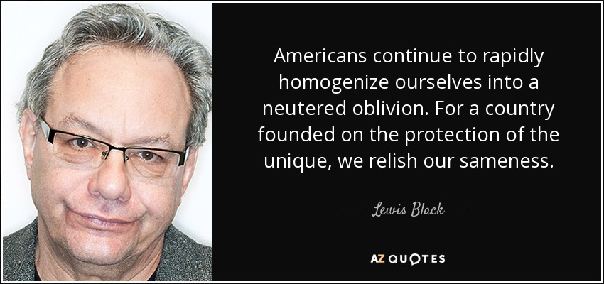 Americans continue to rapidly homogenize ourselves into a neutered oblivion. For a country founded on the protection of the unique, we relish our sameness. - Lewis Black