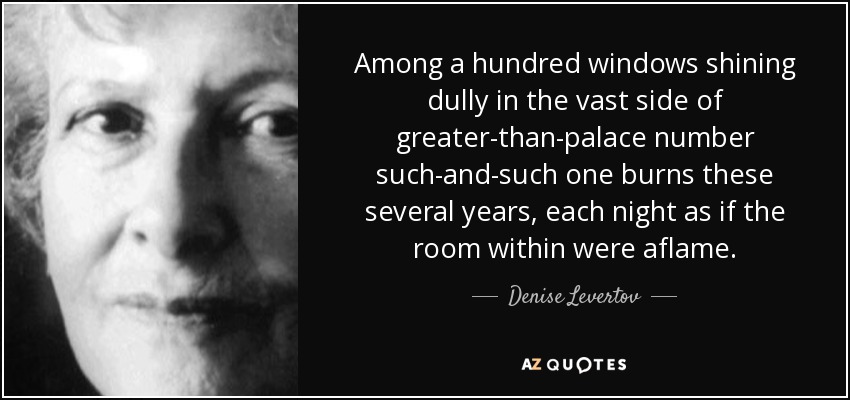 Among a hundred windows shining dully in the vast side of greater-than-palace number such-and-such one burns these several years, each night as if the room within were aflame. - Denise Levertov