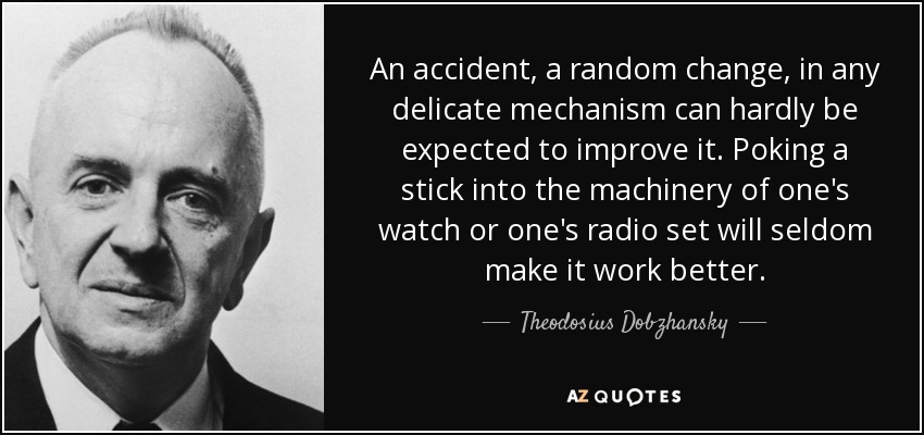 An accident, a random change, in any delicate mechanism can hardly be expected to improve it. Poking a stick into the machinery of one's watch or one's radio set will seldom make it work better. - Theodosius Dobzhansky
