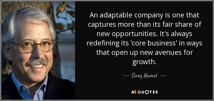 An adaptable company is one that captures more than its fair share of new opportunities. It's always redefining its 'core business' in ways that open up new avenues for growth. - Gary Hamel