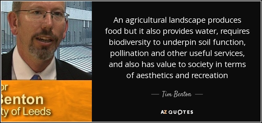 An agricultural landscape produces food but it also provides water, requires biodiversity to underpin soil function, pollination and other useful services, and also has value to society in terms of aesthetics and recreation - Tim Benton
