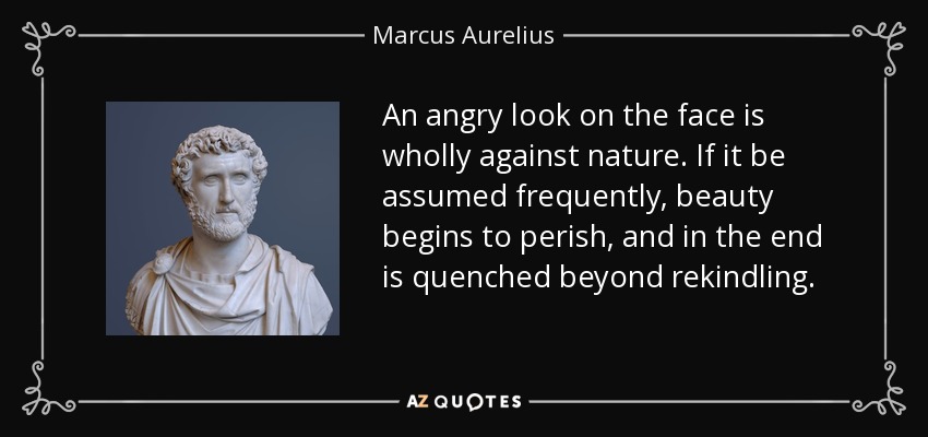 An angry look on the face is wholly against nature. If it be assumed frequently, beauty begins to perish, and in the end is quenched beyond rekindling. - Marcus Aurelius