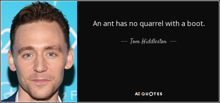 An ant has no quarrel with a boot. - Tom Hiddleston