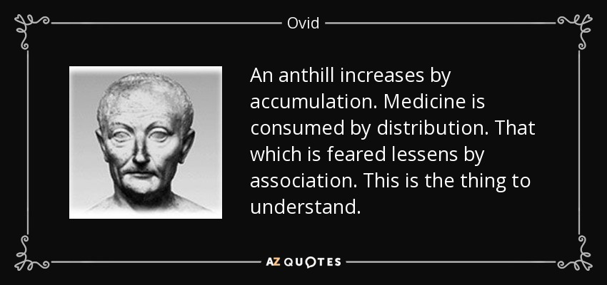 An anthill increases by accumulation. Medicine is consumed by distribution. That which is feared lessens by association. This is the thing to understand. - Ovid