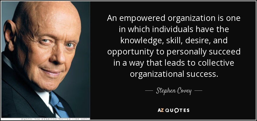 An empowered organization is one in which individuals have the knowledge, skill, desire, and opportunity to personally succeed in a way that leads to collective organizational success. - Stephen Covey