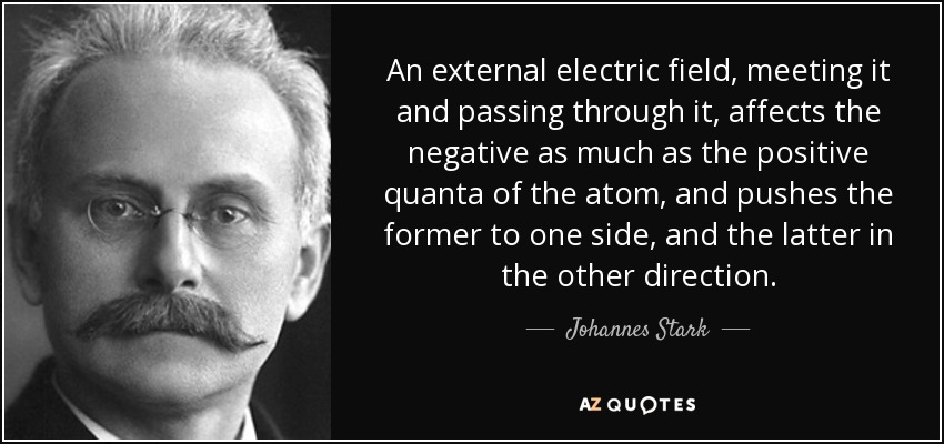 An external electric field, meeting it and passing through it, affects the negative as much as the positive quanta of the atom, and pushes the former to one side, and the latter in the other direction. - Johannes Stark