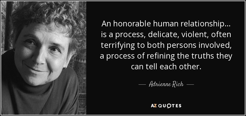 An honorable human relationship ... is a process, delicate, violent, often terrifying to both persons involved, a process of refining the truths they can tell each other. - Adrienne Rich