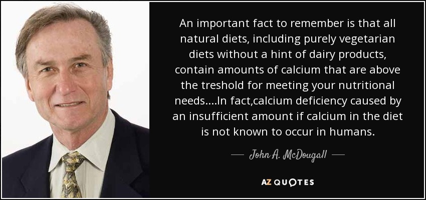 An important fact to remember is that all natural diets, including purely vegetarian diets without a hint of dairy products, contain amounts of calcium that are above the treshold for meeting your nutritional needs....In fact,calcium deficiency caused by an insufficient amount if calcium in the diet is not known to occur in humans. - John A. McDougall