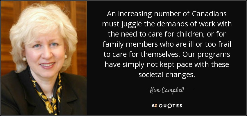 An increasing number of Canadians must juggle the demands of work with the need to care for children, or for family members who are ill or too frail to care for themselves. Our programs have simply not kept pace with these societal changes. - Kim Campbell