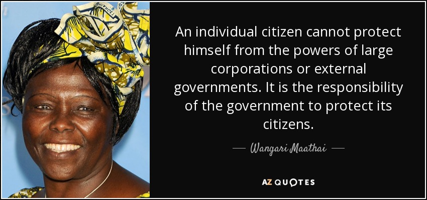 An individual citizen cannot protect himself from the powers of large corporations or external governments. It is the responsibility of the government to protect its citizens. - Wangari Maathai