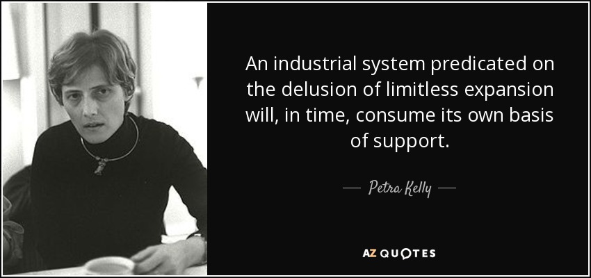 An industrial system predicated on the delusion of limitless expansion will, in time, consume its own basis of support. - Petra Kelly
