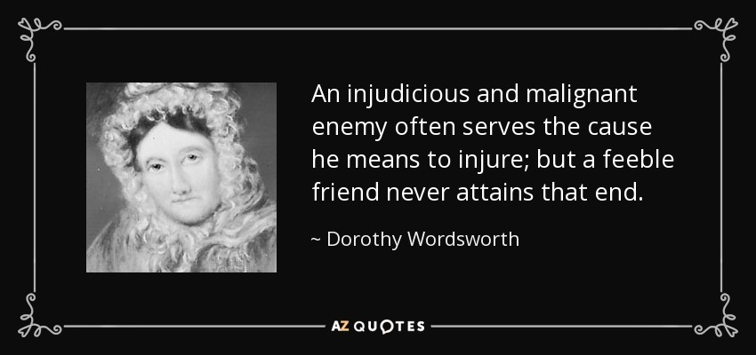 An injudicious and malignant enemy often serves the cause he means to injure; but a feeble friend never attains that end. - Dorothy Wordsworth