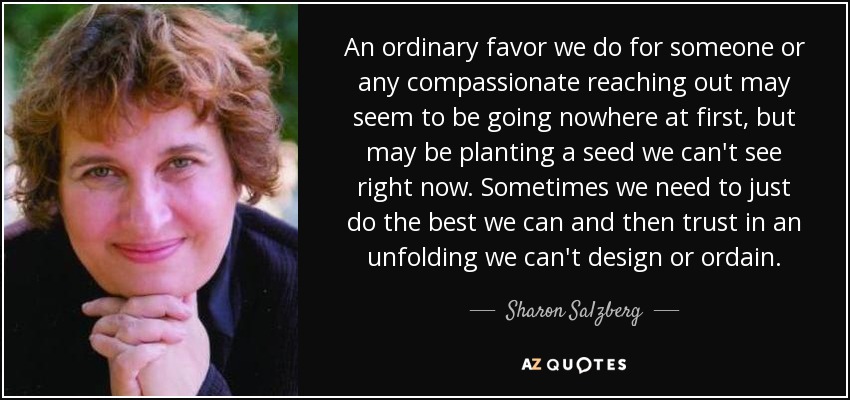 An ordinary favor we do for someone or any compassionate reaching out may seem to be going nowhere at first, but may be planting a seed we can't see right now. Sometimes we need to just do the best we can and then trust in an unfolding we can't design or ordain. - Sharon Salzberg