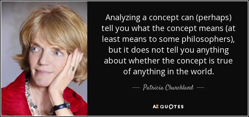Analyzing a concept can (perhaps) tell you what the concept means (at least means to some philosophers), but it does not tell you anything about whether the concept is true of anything in the world. - Patricia Churchland