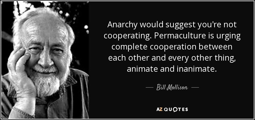 Anarchy would suggest you're not cooperating. Permaculture is urging complete cooperation between each other and every other thing, animate and inanimate. - Bill Mollison