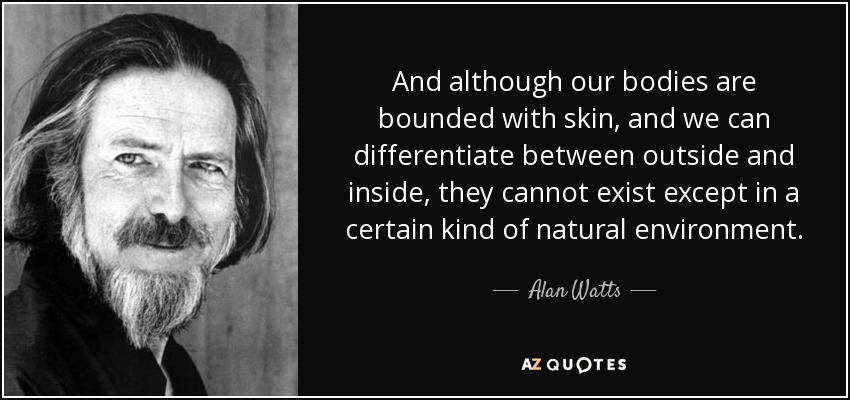 And although our bodies are bounded with skin, and we can differentiate between outside and inside, they cannot exist except in a certain kind of natural environment. - Alan Watts