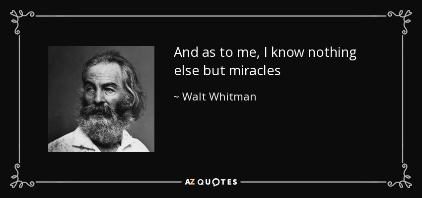 And as to me, I know nothing else but miracles - Walt Whitman