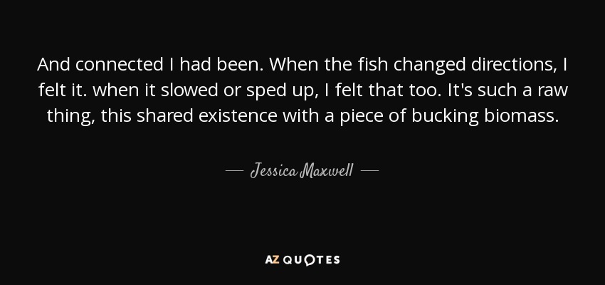 And connected I had been. When the fish changed directions, I felt it. when it slowed or sped up, I felt that too. It's such a raw thing, this shared existence with a piece of bucking biomass. - Jessica Maxwell