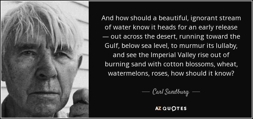 And how should a beautiful, ignorant stream of water know it heads for an early release — out across the desert, running toward the Gulf, below sea level, to murmur its lullaby, and see the Imperial Valley rise out of burning sand with cotton blossoms, wheat, watermelons, roses, how should it know? - Carl Sandburg