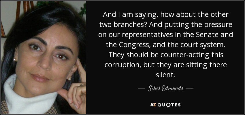 And I am saying, how about the other two branches? And putting the pressure on our representatives in the Senate and the Congress, and the court system. They should be counter-acting this corruption, but they are sitting there silent. - Sibel Edmonds
