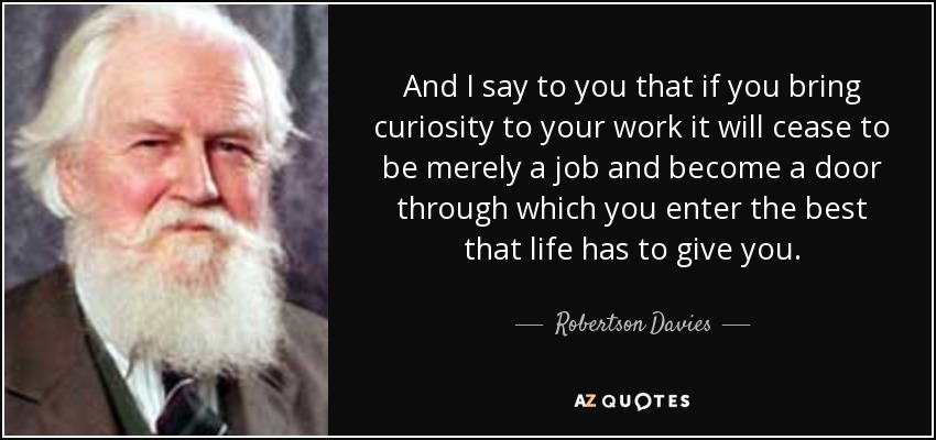 And I say to you that if you bring curiosity to your work it will cease to be merely a job and become a door through which you enter the best that life has to give you. - Robertson Davies