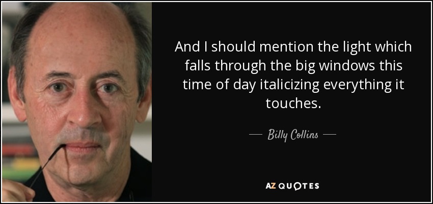 And I should mention the light which falls through the big windows this time of day italicizing everything it touches. - Billy Collins