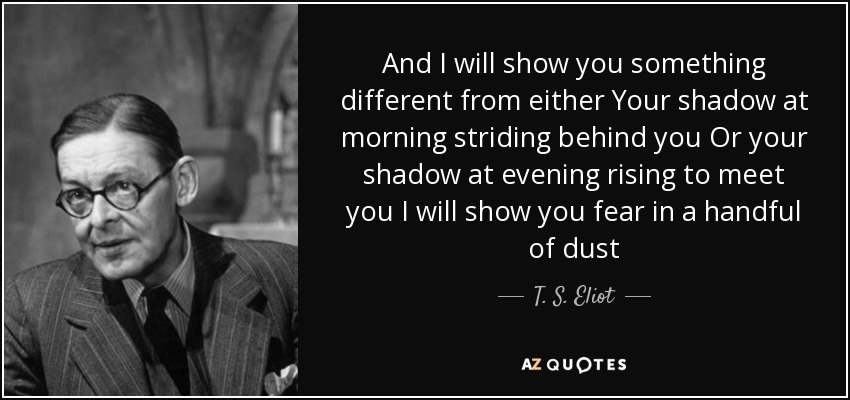 And I will show you something different from either Your shadow at morning striding behind you Or your shadow at evening rising to meet you I will show you fear in a handful of dust - T. S. Eliot