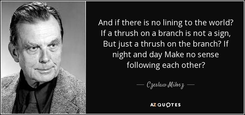 And if there is no lining to the world? If a thrush on a branch is not a sign, But just a thrush on the branch? If night and day Make no sense following each other? - Czeslaw Milosz
