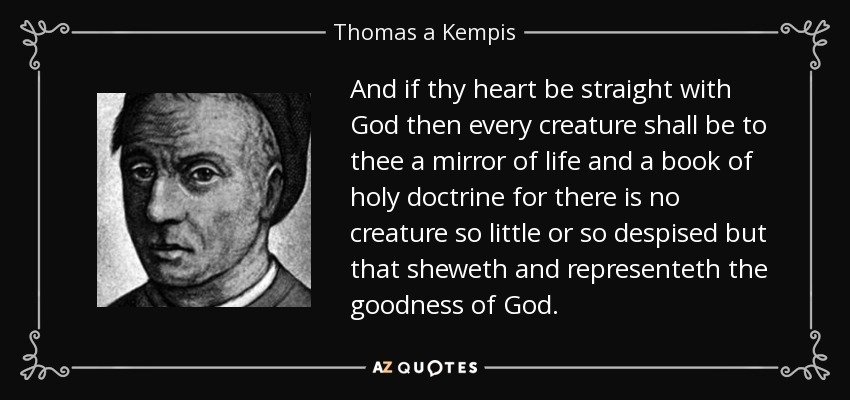 And if thy heart be straight with God then every creature shall be to thee a mirror of life and a book of holy doctrine for there is no creature so little or so despised but that sheweth and representeth the goodness of God. - Thomas a Kempis