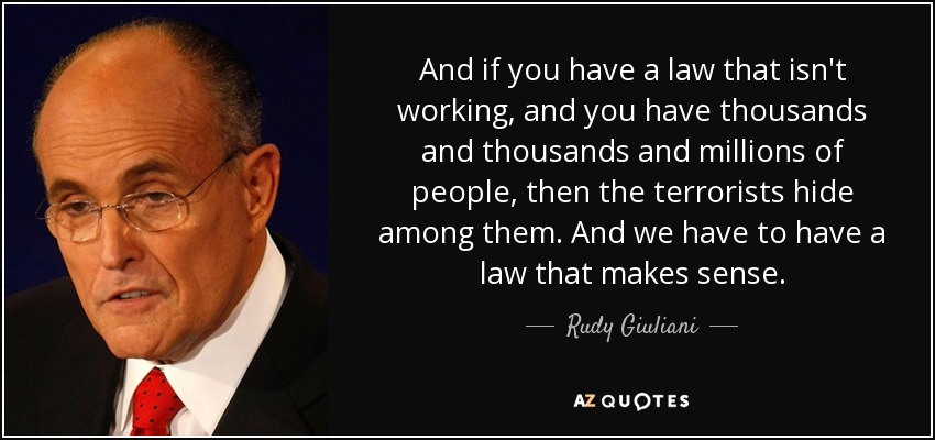 And if you have a law that isn't working, and you have thousands and thousands and millions of people, then the terrorists hide among them. And we have to have a law that makes sense. - Rudy Giuliani