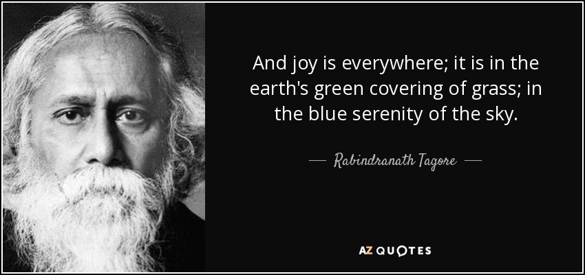And joy is everywhere; it is in the earth's green covering of grass; in the blue serenity of the sky. - Rabindranath Tagore
