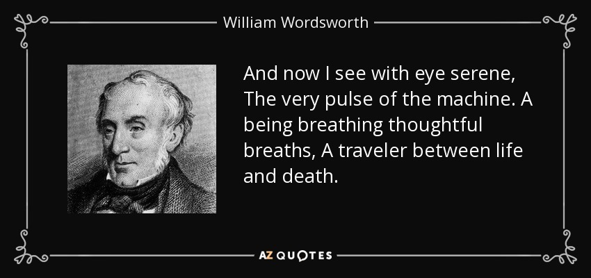 And now I see with eye serene, The very pulse of the machine. A being breathing thoughtful breaths, A traveler between life and death. - William Wordsworth
