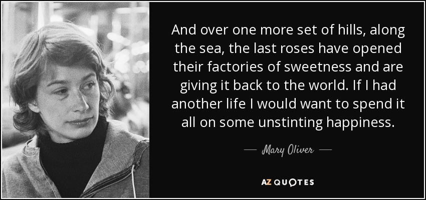 And over one more set of hills, along the sea, the last roses have opened their factories of sweetness and are giving it back to the world. If I had another life I would want to spend it all on some unstinting happiness. - Mary Oliver