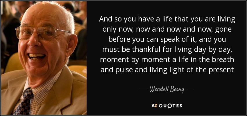 And so you have a life that you are living only now, now and now and now, gone before you can speak of it, and you must be thankful for living day by day, moment by moment a life in the breath and pulse and living light of the present - Wendell Berry