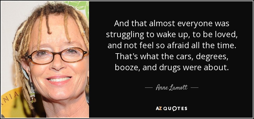 And that almost everyone was struggling to wake up, to be loved, and not feel so afraid all the time. That's what the cars, degrees, booze, and drugs were about. - Anne Lamott