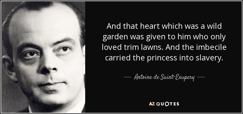 And that heart which was a wild garden was given to him who only loved trim lawns. And the imbecile carried the princess into slavery. - Antoine de Saint-Exupery