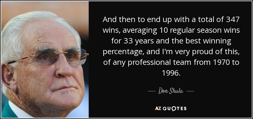 And then to end up with a total of 347 wins, averaging 10 regular season wins for 33 years and the best winning percentage, and I'm very proud of this, of any professional team from 1970 to 1996. - Don Shula