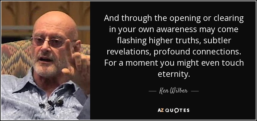 And through the opening or clearing in your own awareness may come flashing higher truths, subtler revelations, profound connections. For a moment you might even touch eternity. - Ken Wilber