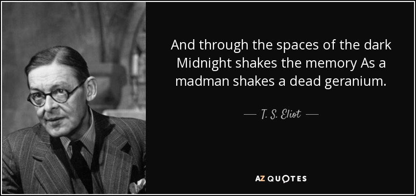 And through the spaces of the dark Midnight shakes the memory As a madman shakes a dead geranium. - T. S. Eliot