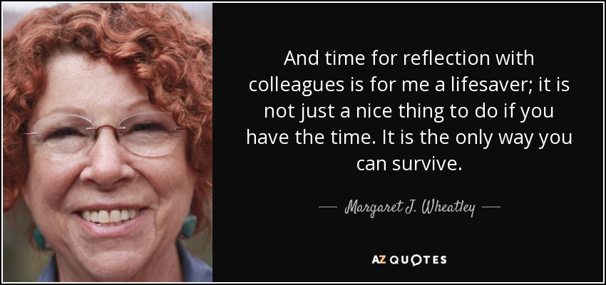 And time for reflection with colleagues is for me a lifesaver; it is not just a nice thing to do if you have the time. It is the only way you can survive. - Margaret J. Wheatley