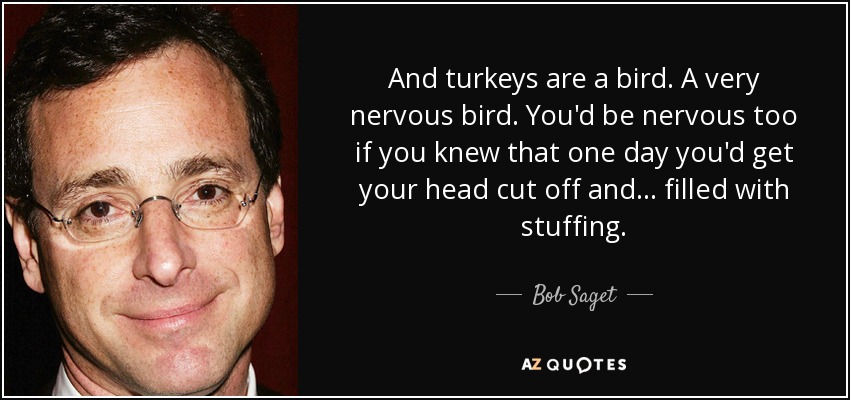 And turkeys are a bird. A very nervous bird. You'd be nervous too if you knew that one day you'd get your head cut off and... filled with stuffing. - Bob Saget