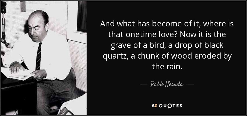 And what has become of it, where is that onetime love? Now it is the grave of a bird, a drop of black quartz, a chunk of wood eroded by the rain. - Pablo Neruda