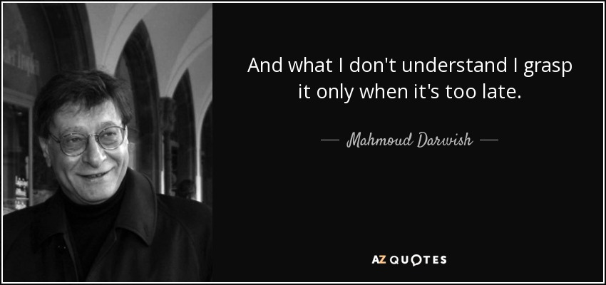 And what I don't understand I grasp it only when it's too late. - Mahmoud Darwish