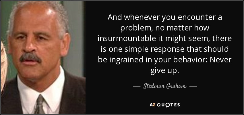 And whenever you encounter a problem, no matter how insurmountable it might seem, there is one simple response that should be ingrained in your behavior: Never give up. - Stedman Graham